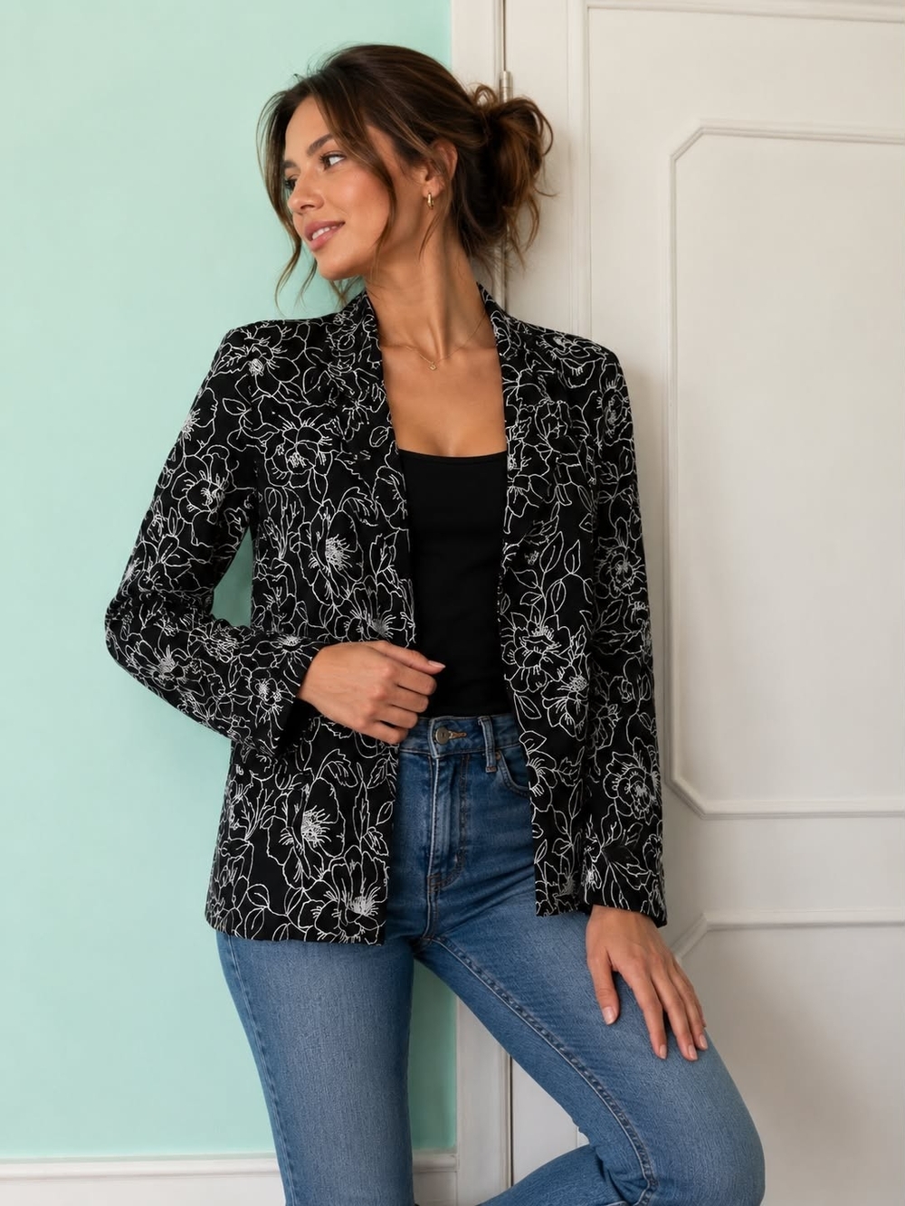 Jones New York Black Floral Open-Front Blazer